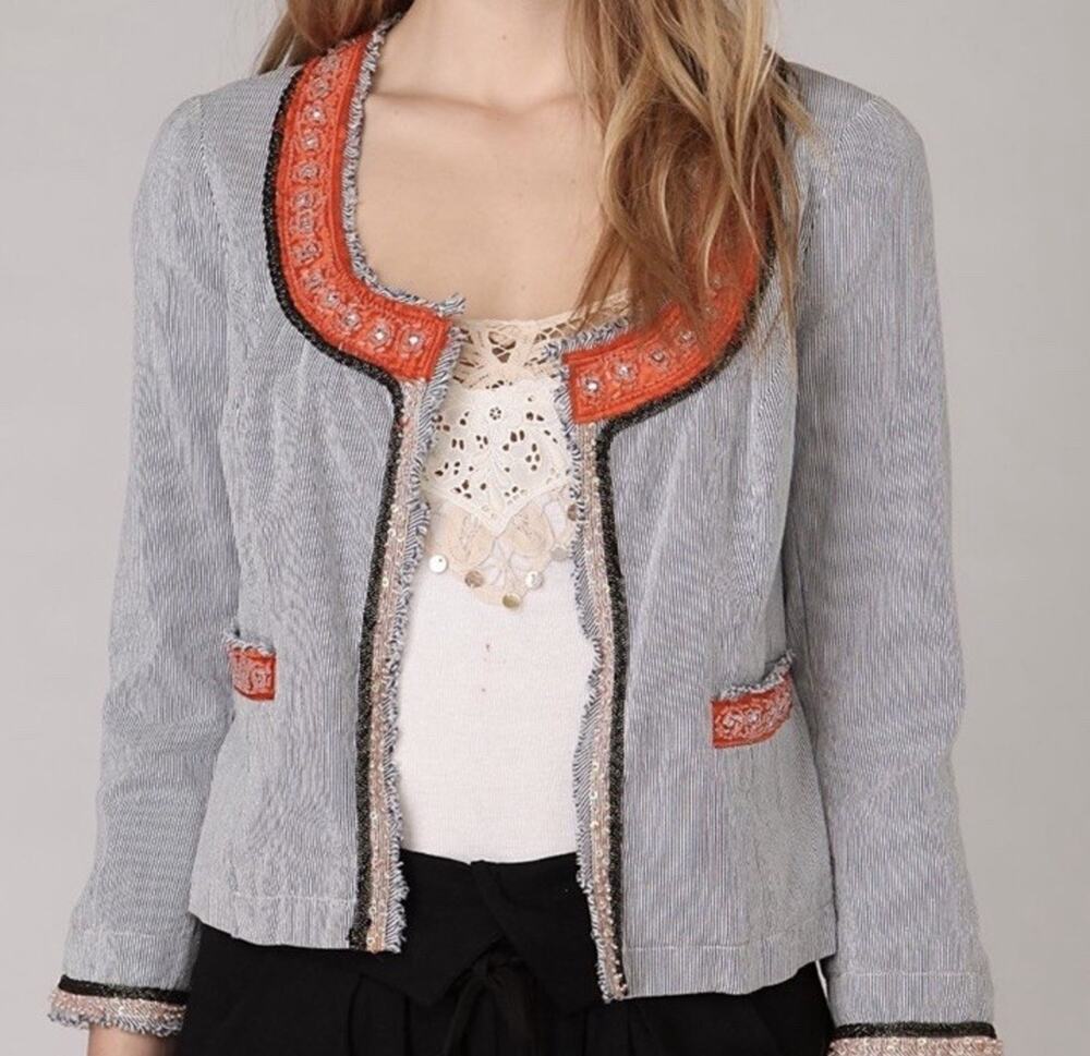 Free People My Fair Lady Pinstripe Beaded Jacket 8 Medium Boho Blue Orange